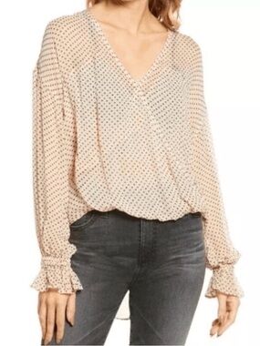 AllSaints Polka Dot V-Neck Blouse Top US 2 Cream Nude 100% Viscose Long Sleeve